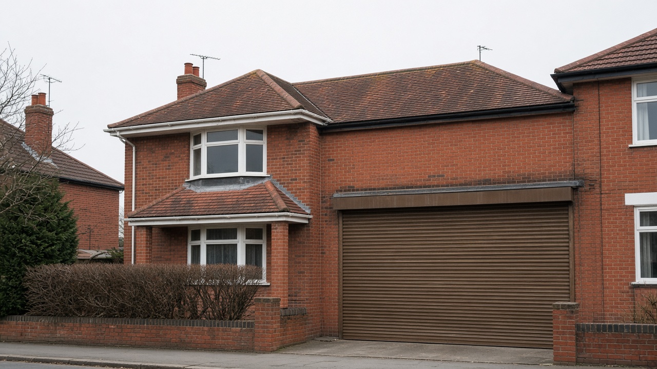 A bronze roller shutter nearly closed on a 1930s red-brick semi, a flat winter sky. Wide view of the whole elevation.