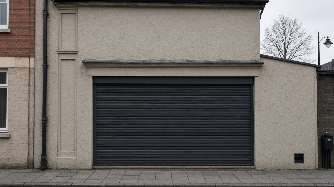 A fully closed anthracite security roller shutter over a ground-floor window on a small high-street shopfront, a flat winter sky. Wide view of the whole elevation.