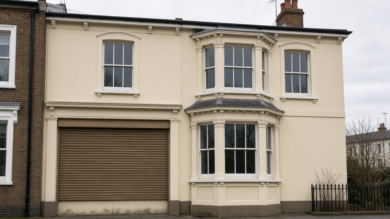 A bronze roller shutter nearly closed on a painted townhouse with a bay, a flat winter sky. Wide view of the whole elevation.
