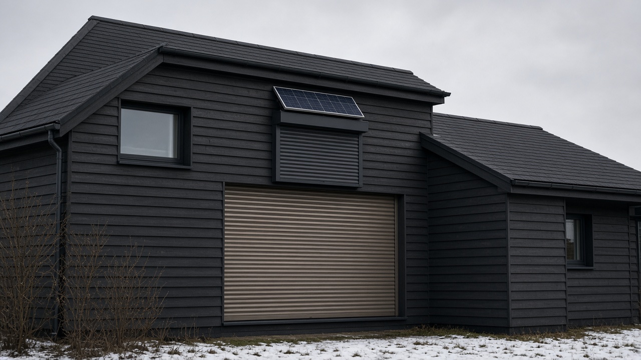 A small solar panel on the front of an anthracite roller shutter box, a bronze roller shutter nearly closed, on a dark timber-clad house, a flat winter sky. Wide view of the whole elevation.