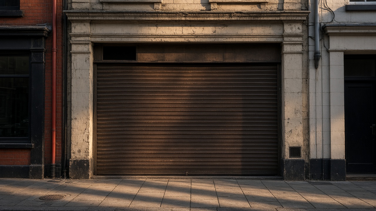A bronze roller shutter nearly closed on a small high-street shopfront, late afternoon light and long shadows. Wide view of the whole elevation.