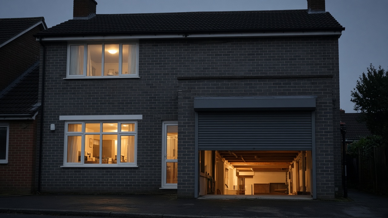 A dark grey roller shutter only a quarter down, with the box and side guides showing on a grey-brick semi, dusk, with warm lights on inside. Wide view of the whole elevation.
