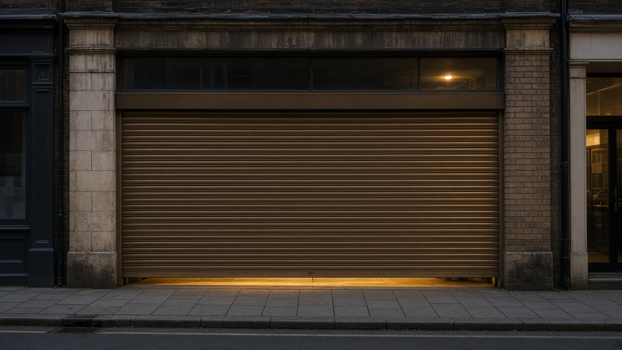 A bronze roller shutter nearly closed on a small high-street shopfront, dusk, with warm lights on inside. Wide view of the whole elevation.