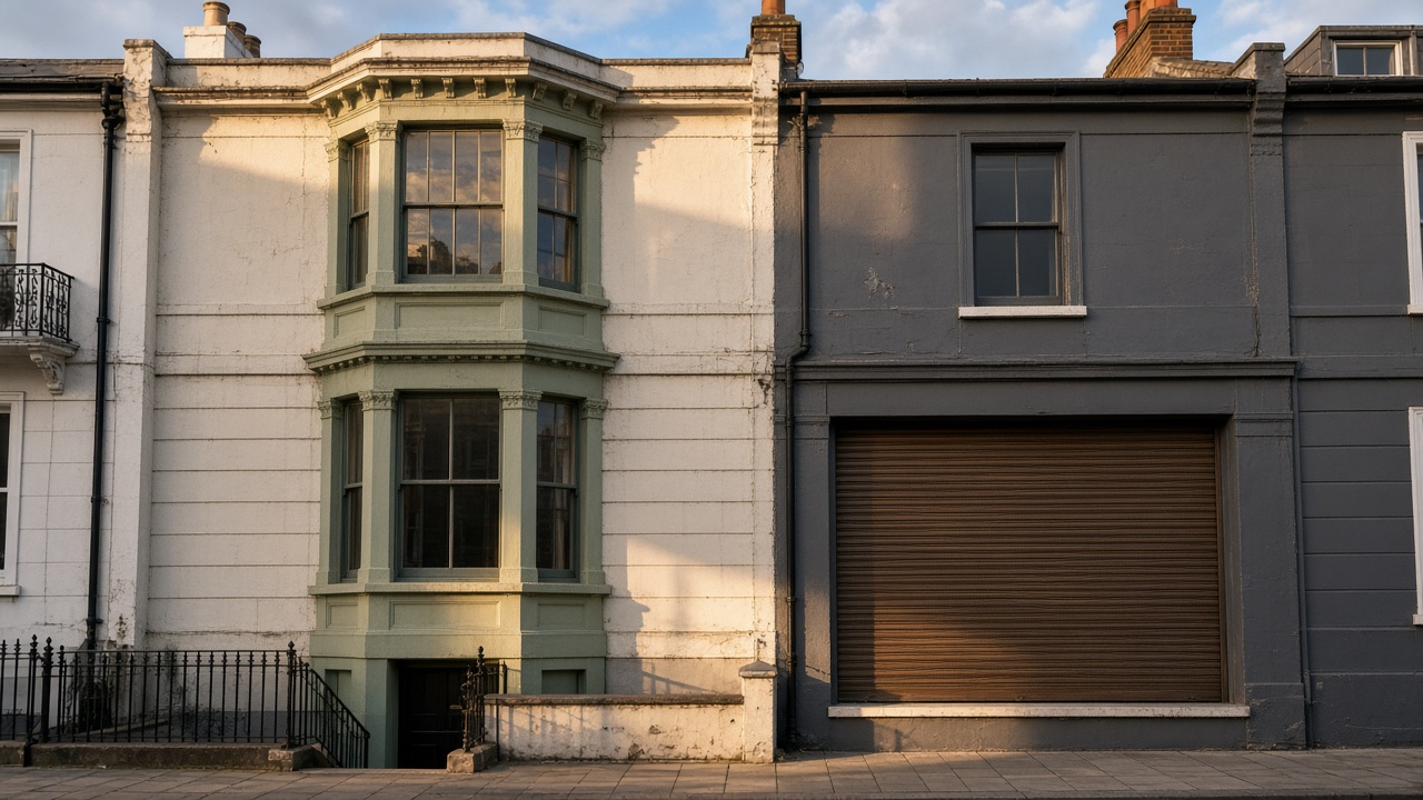 A bronze roller shutter nearly closed on a painted townhouse with a bay, late afternoon light and long shadows. Wide view of the whole elevation.