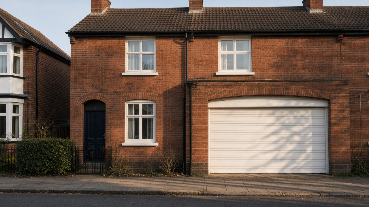 A white roller shutter fully lowered on a 1930s red-brick semi, late afternoon light and long shadows. Wide view of the whole elevation.