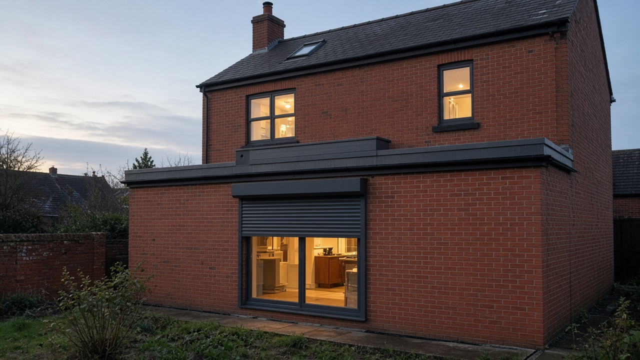 The motor end of a roller shutter box, an anthracite roller shutter stopped halfway, on a red-brick rear extension, dusk, with warm lights on inside. Wide view of the whole elevation.