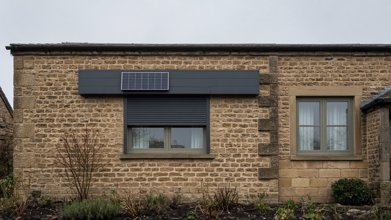 A small solar panel on the front of an anthracite roller shutter box, a dark grey roller shutter only a quarter down, with the box and side guides showing, on a sandstone cottage, a flat winter sky. Wide view of the whole elevation.