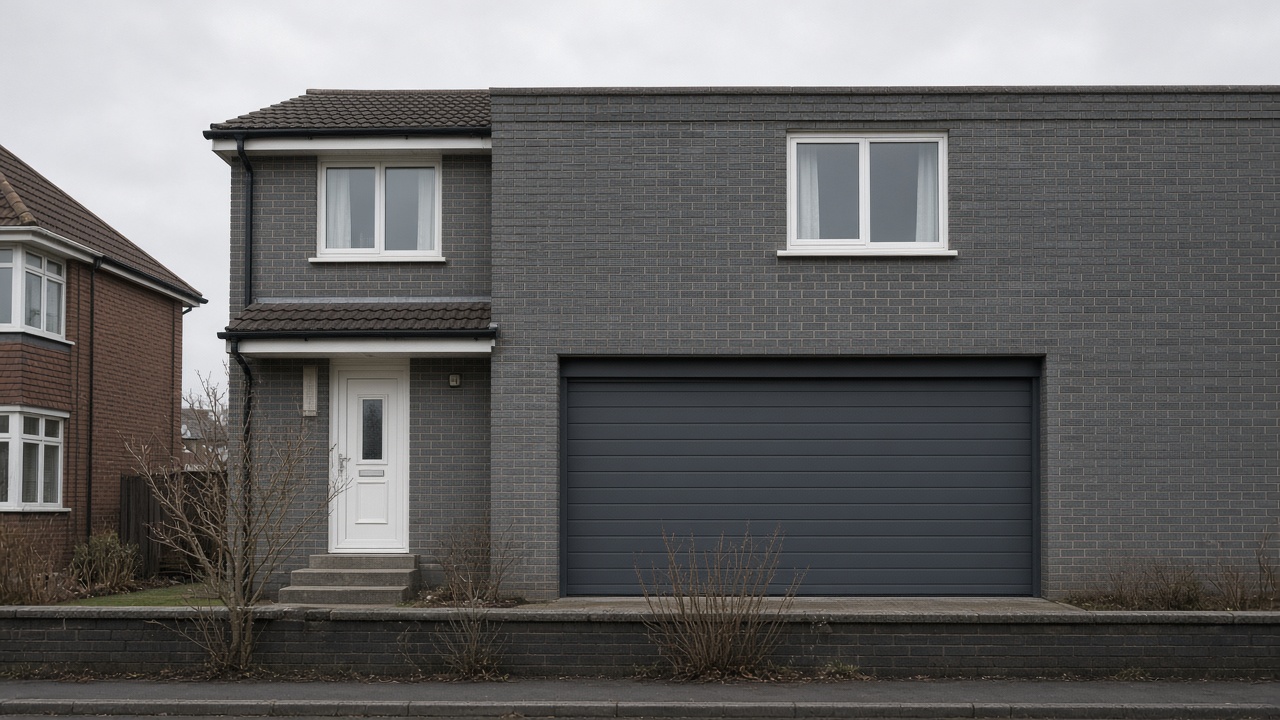An anthracite roller shutter fully lowered on a grey-brick semi, a flat winter sky. Wide view of the whole elevation.