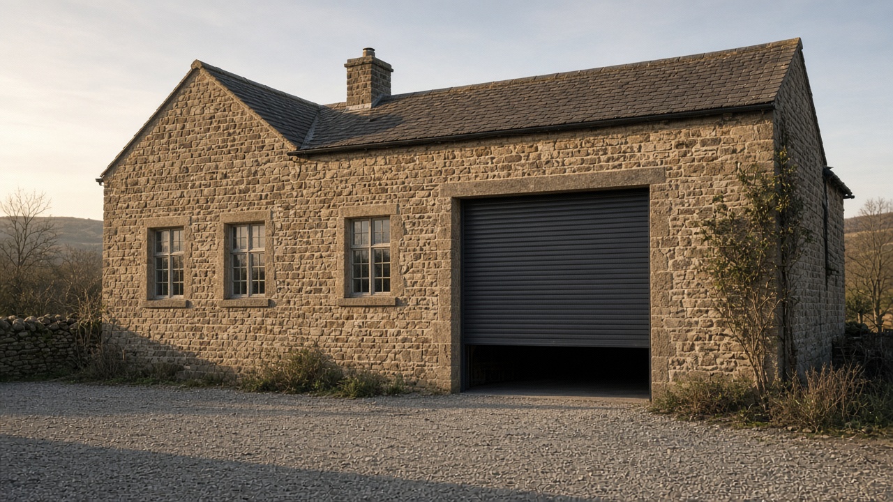 An anthracite roller shutter stopped halfway on a stone farmhouse, late afternoon light and long shadows. Wide view of the whole elevation.
