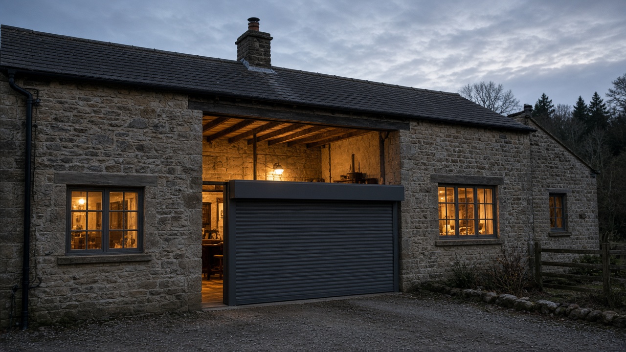 A dark grey roller shutter only a quarter down, with the box and side guides showing on a stone farmhouse, dusk, with warm lights on inside. Wide view of the whole elevation.