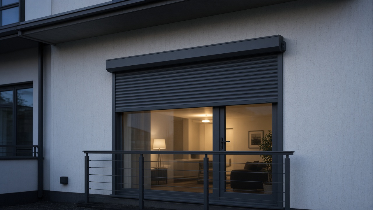 The motor end of a roller shutter box, an anthracite roller shutter stopped halfway, on a flat with a glazed balcony door, dusk, with warm lights on inside. Wide view of the whole elevation.