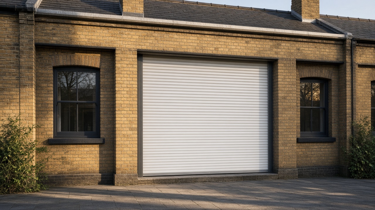 A white roller shutter fully lowered on a yellow London stock brick terrace, late afternoon light and long shadows. Wide view of the whole elevation.
