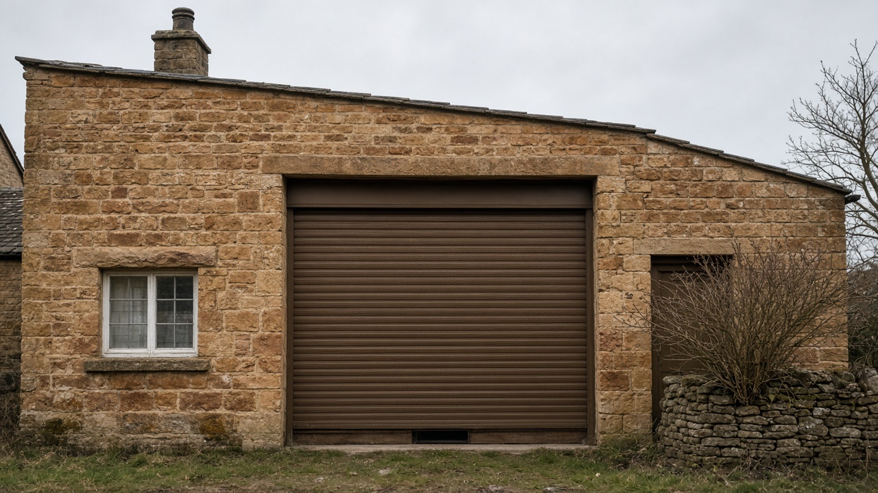A bronze roller shutter nearly closed on a sandstone cottage, a flat winter sky. Wide view of the whole elevation.