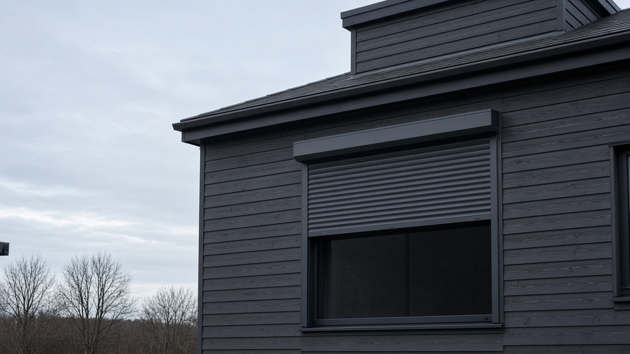 A dark grey roller shutter only a quarter down, with the box and side guides showing on a dark timber-clad house, a flat winter sky. Wide view of the whole elevation.