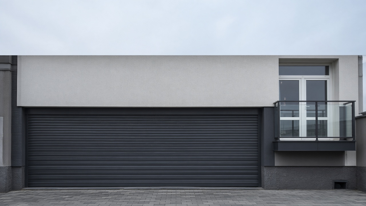 An anthracite roller shutter fully lowered on a flat with a glazed balcony door, a flat winter sky. Wide view of the whole elevation.