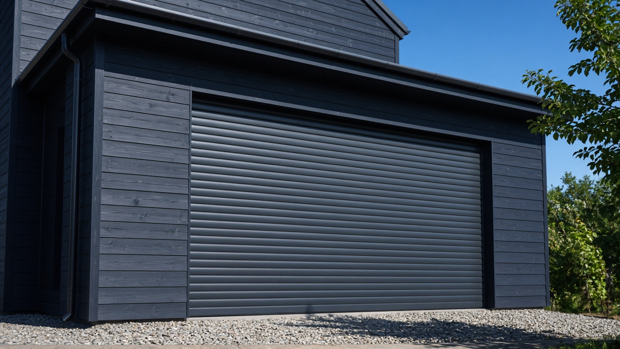 An anthracite roller shutter fully lowered on a dark timber-clad house, hard summer sun and a clear sky. Wide view of the whole elevation.