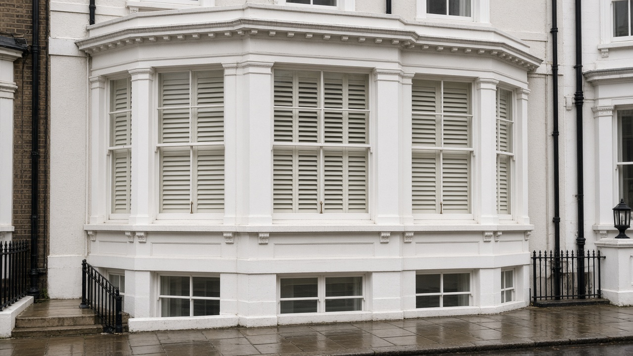 White wooden plantation shutters, louvres half tilted, inside a painted townhouse with a bay, just after rain, paving still wet. Wide view of the whole elevation.