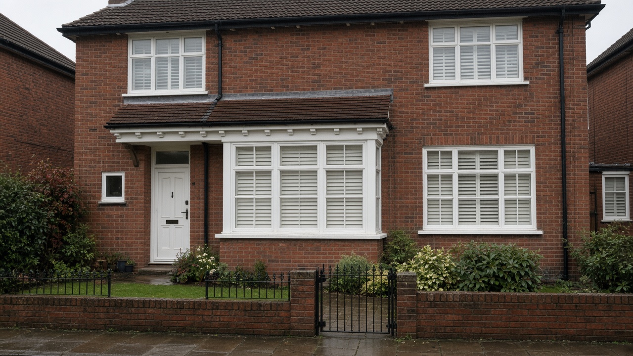 White wooden plantation shutters, louvres closed, inside a 1930s red-brick semi, just after rain, paving still wet. Wide view of the whole elevation.