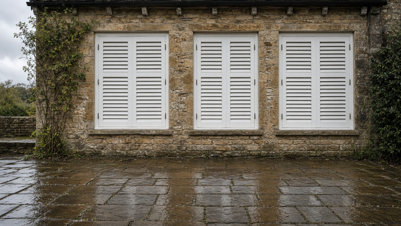 White wooden plantation shutters, louvres half tilted, inside a stone farmhouse, just after rain, paving still wet. Wide view of the whole elevation.