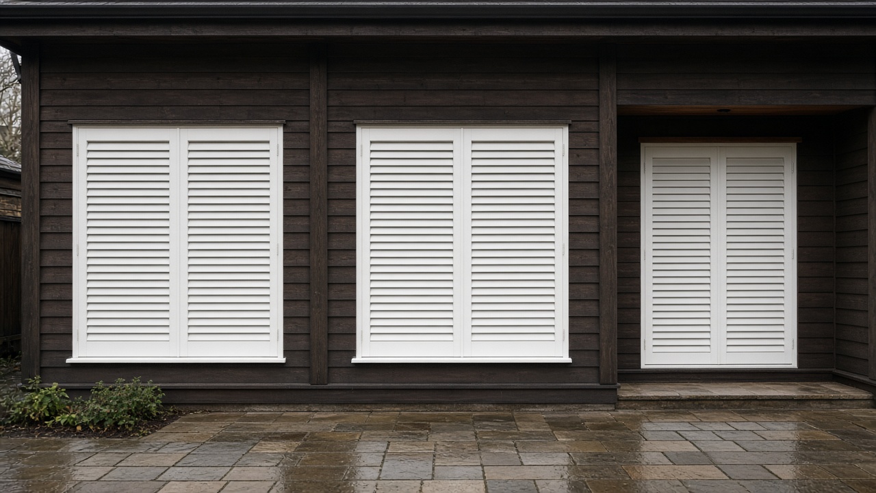 White wooden plantation shutters, louvres closed, inside a dark timber-clad house, just after rain, paving still wet. Wide view of the whole elevation.