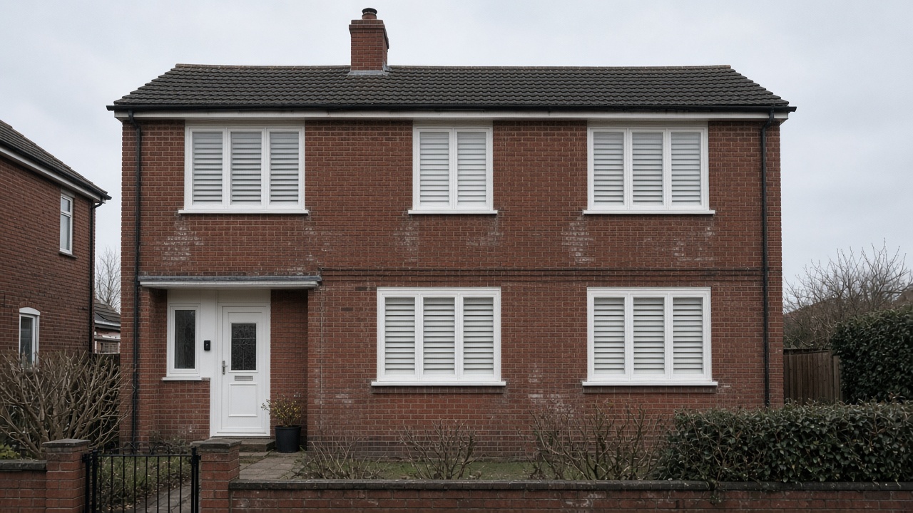 White wooden plantation shutters, louvres closed, inside a 1930s red-brick semi, a flat winter sky. Wide view of the whole elevation.