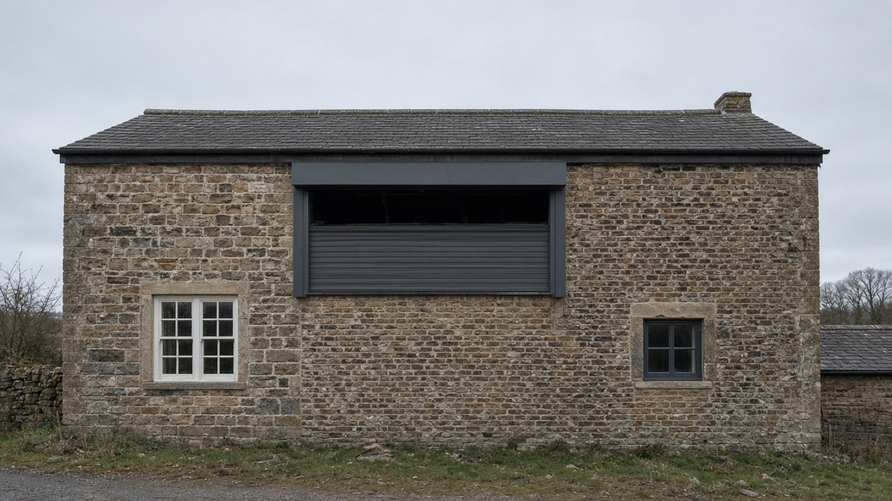 A dark grey roller shutter only a quarter down, with the box and side guides showing on a stone farmhouse, a flat winter sky. Wide view of the whole elevation.