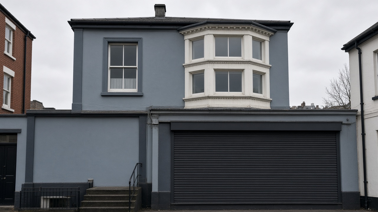 An anthracite roller shutter fully lowered on a painted townhouse with a bay, a flat winter sky. Wide view of the whole elevation.