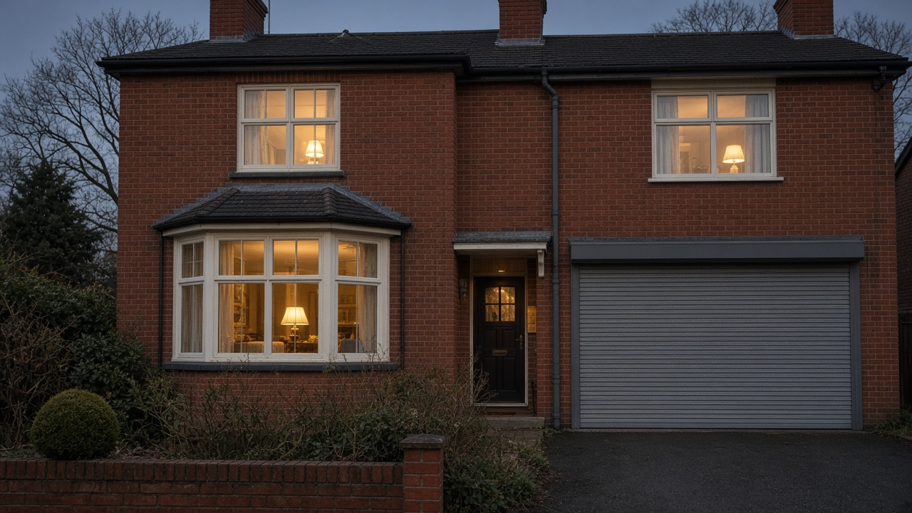 The motor end of a roller shutter box, an anthracite roller shutter fully lowered, on a 1930s red-brick semi, dusk, with warm lights on inside. Wide view of the whole elevation.