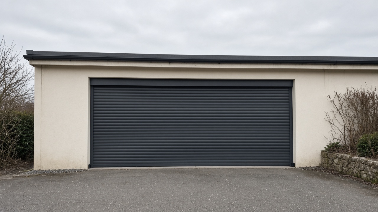 An anthracite roller shutter fully lowered on a cream bungalow, a flat winter sky. Wide view of the whole elevation.