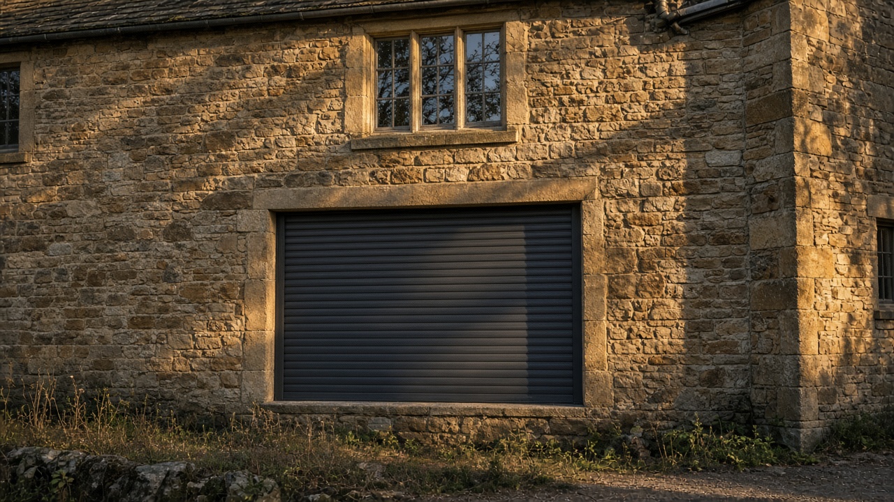 A fully closed anthracite security roller shutter over a ground-floor window on a stone farmhouse, late afternoon light and long shadows. Wide view of the whole elevation.
