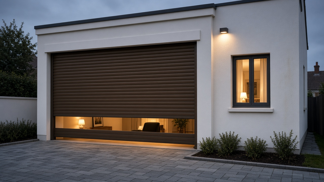 A bronze roller shutter nearly closed on a white rendered new-build, dusk, with warm lights on inside. Wide view of the whole elevation.
