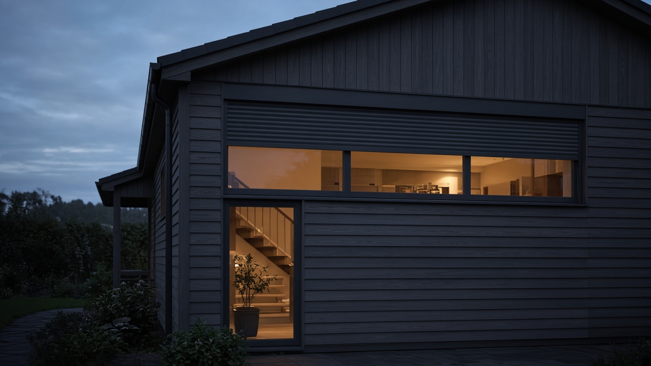 The motor end of a roller shutter box, an anthracite roller shutter stopped halfway, on a dark timber-clad house, dusk, with warm lights on inside. Wide view of the whole elevation.