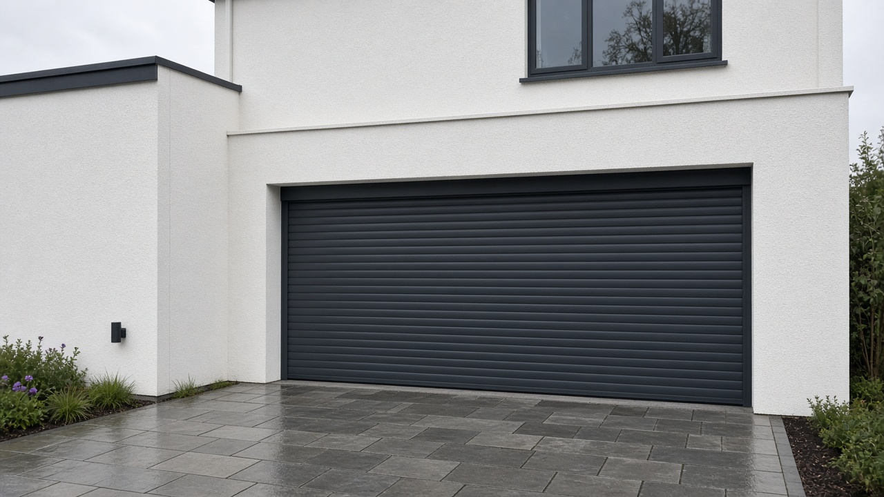An anthracite roller shutter fully lowered on a white rendered new-build, just after rain, paving still wet. Wide view of the whole elevation.