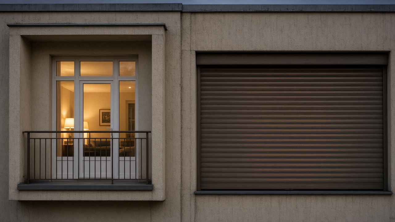 A bronze roller shutter nearly closed on a flat with a glazed balcony door, dusk, with warm lights on inside. Wide view of the whole elevation.