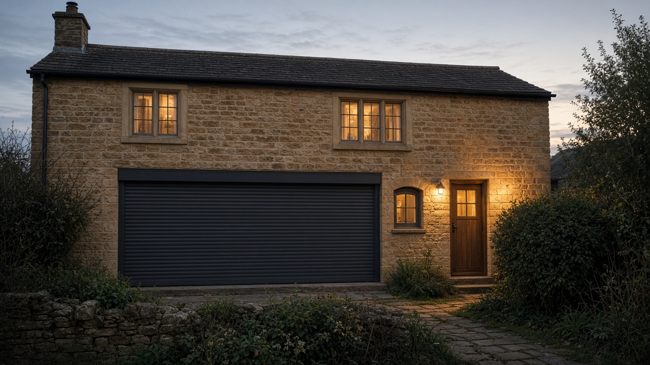 An anthracite roller shutter fully lowered on a sandstone cottage, dusk, with warm lights on inside. Wide view of the whole elevation.