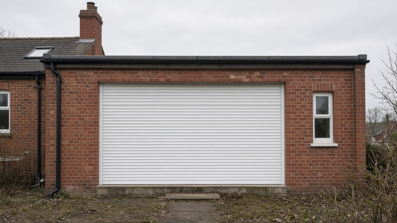 A white roller shutter fully lowered on a red-brick rear extension, a flat winter sky. Wide view of the whole elevation.