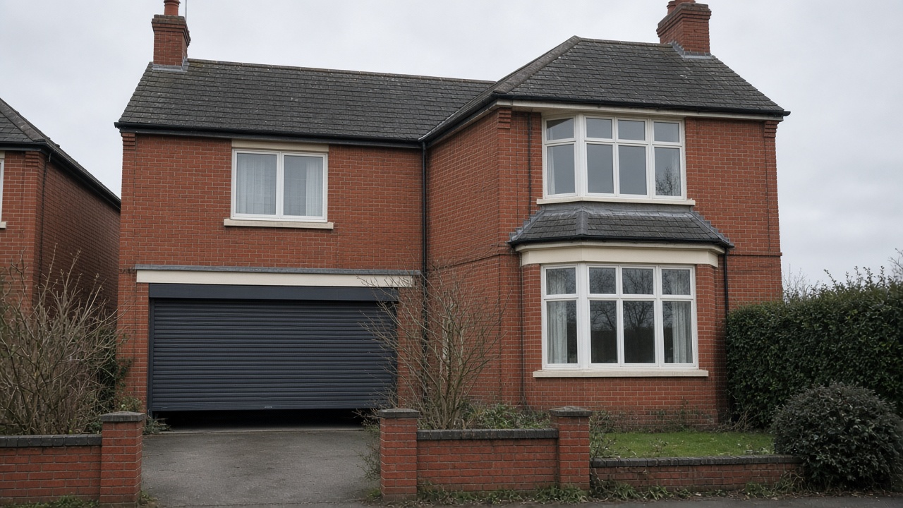 An anthracite roller shutter stopped halfway on a 1930s red-brick semi, a flat winter sky. Wide view of the whole elevation.