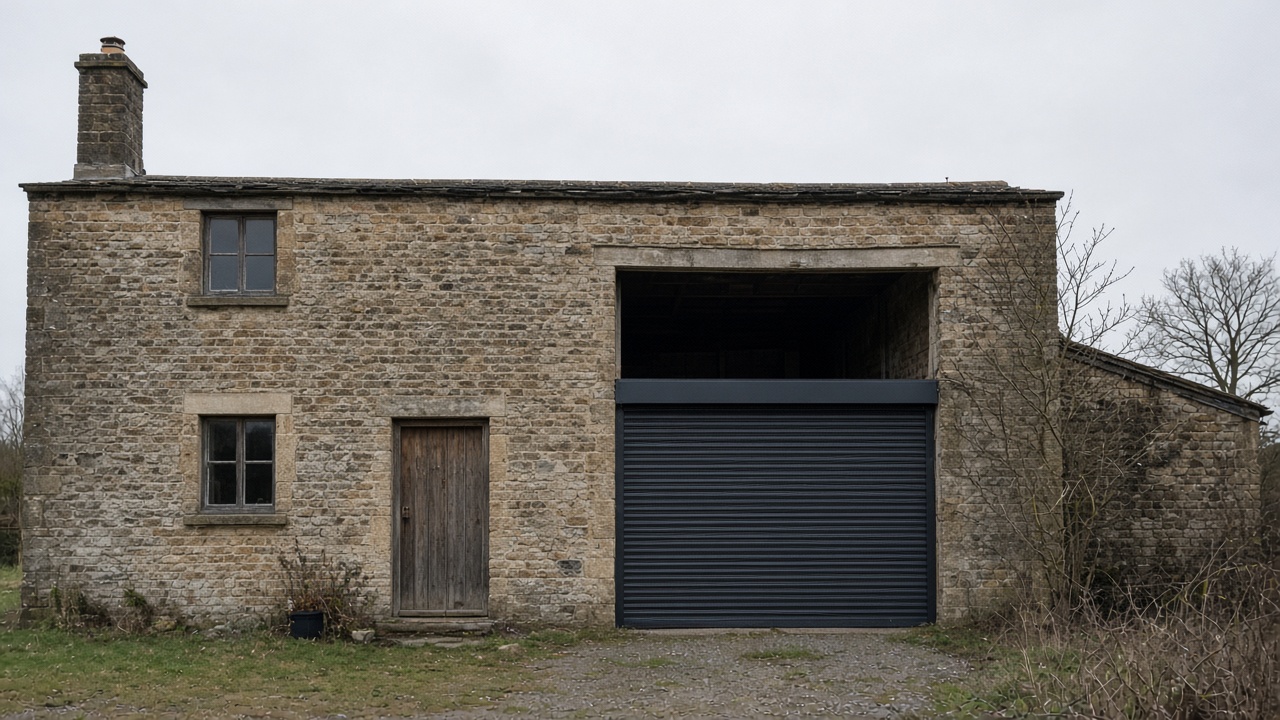 An anthracite roller shutter stopped halfway on a stone farmhouse, a flat winter sky. Wide view of the whole elevation.