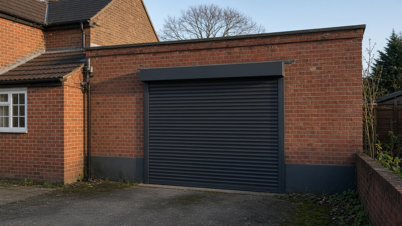 An anthracite roller shutter fully lowered on a red-brick rear extension, late afternoon light and long shadows. Wide view of the whole elevation.
