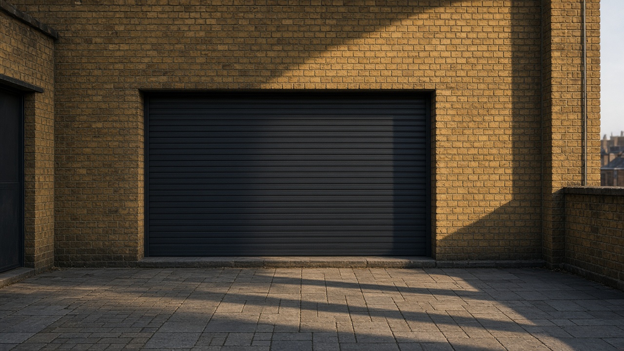 An anthracite roller shutter fully lowered on a yellow London stock brick terrace, late afternoon light and long shadows. Wide view of the whole elevation.