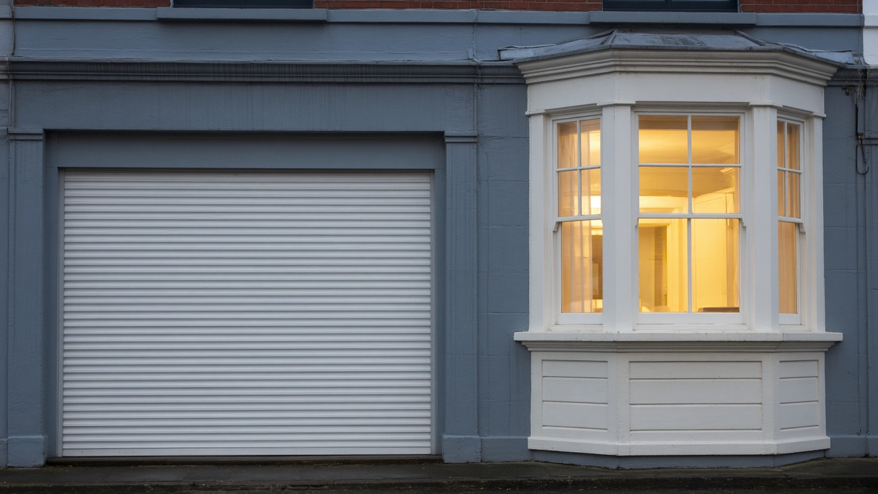 A white roller shutter fully lowered on a painted townhouse with a bay, dusk, with warm lights on inside. Framed on one opening.