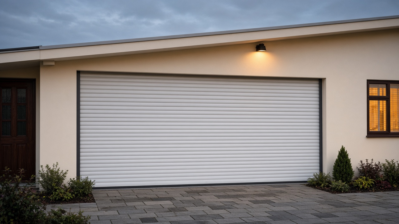 A white roller shutter fully lowered on a cream bungalow, dusk, with warm lights on inside. Framed on one opening.