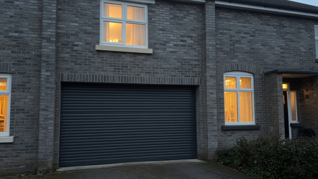 An anthracite roller shutter fully lowered on a grey-brick semi, dusk, with warm lights on inside. Framed on one opening.