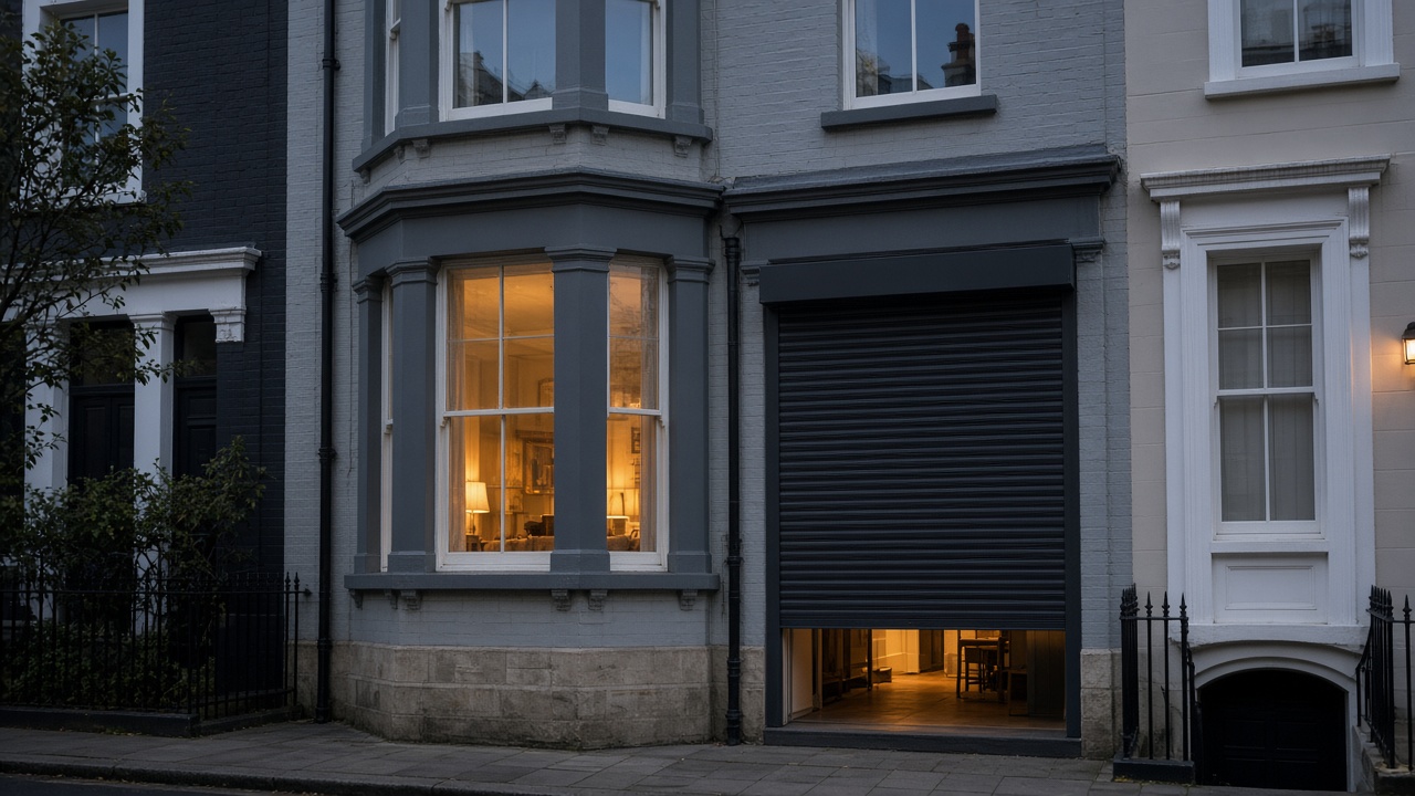 An anthracite roller shutter stopped halfway on a painted townhouse with a bay, dusk, with warm lights on inside. Framed on one opening.