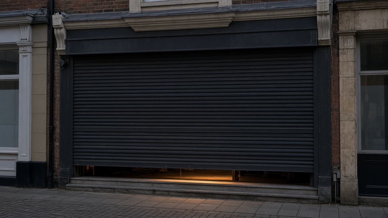 An anthracite roller shutter fully lowered on a small high-street shopfront, dusk, with warm lights on inside. Framed on one opening.