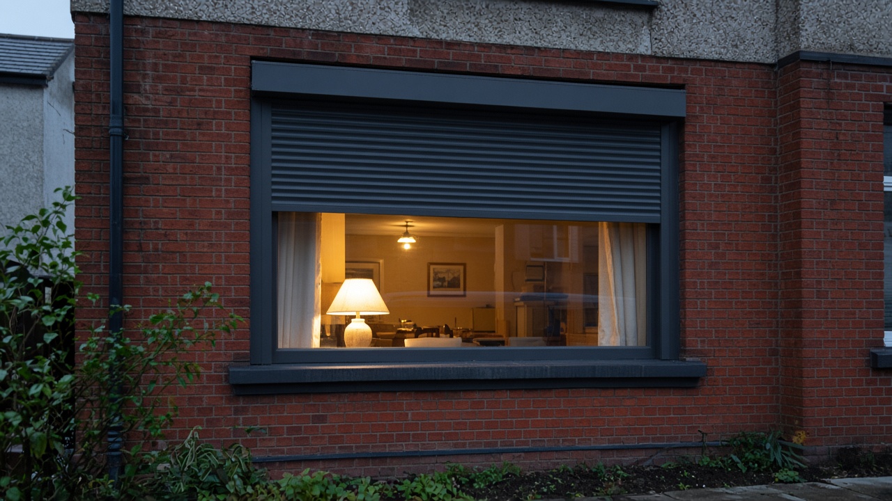 An anthracite roller shutter stopped halfway on a 1930s red-brick semi, dusk, with warm lights on inside. Framed on one opening.