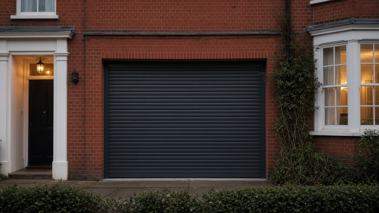 An anthracite roller shutter fully lowered on a 1930s red-brick semi, dusk, with warm lights on inside. Framed on one opening.