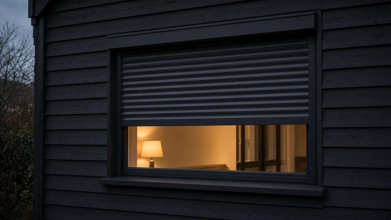 An anthracite roller shutter stopped halfway on a dark timber-clad house, dusk, with warm lights on inside. Framed on one opening.