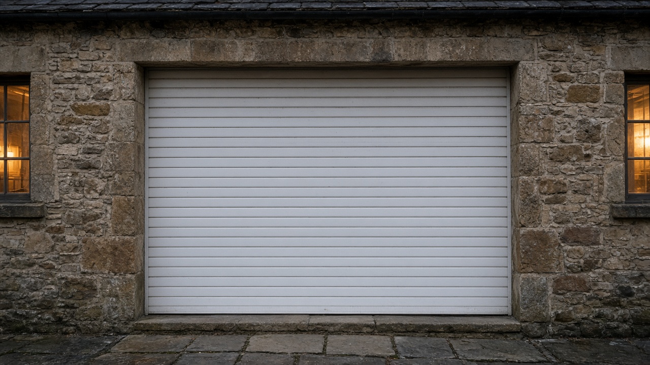 A white roller shutter fully lowered on a stone farmhouse, dusk, with warm lights on inside. Framed on one opening.