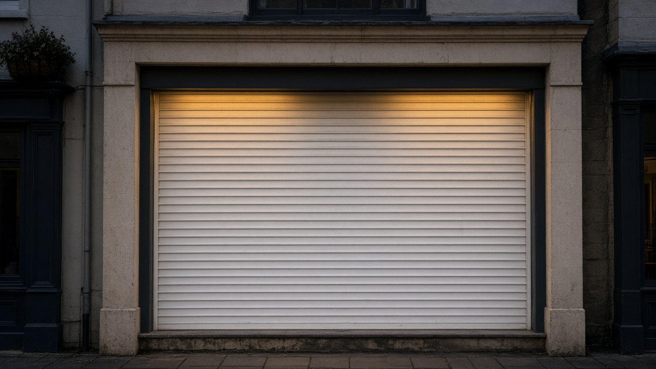A white roller shutter fully lowered on a small high-street shopfront, dusk, with warm lights on inside. Framed on one opening.